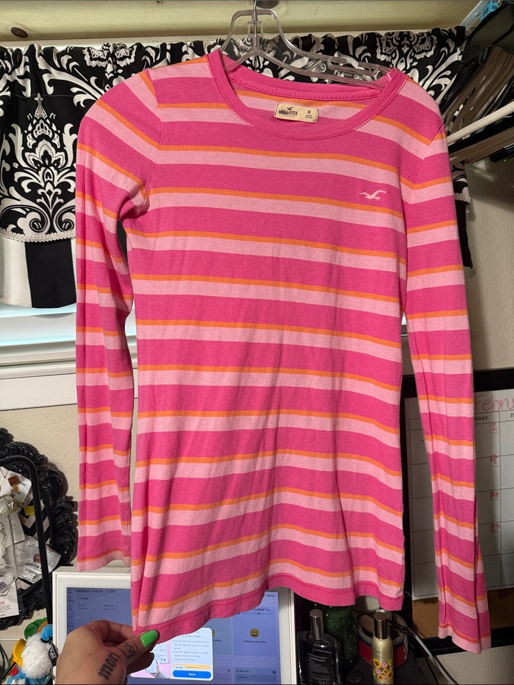 Hollister Pink & Light Pink Striped Long-Sleeve Tee with Orange Accents